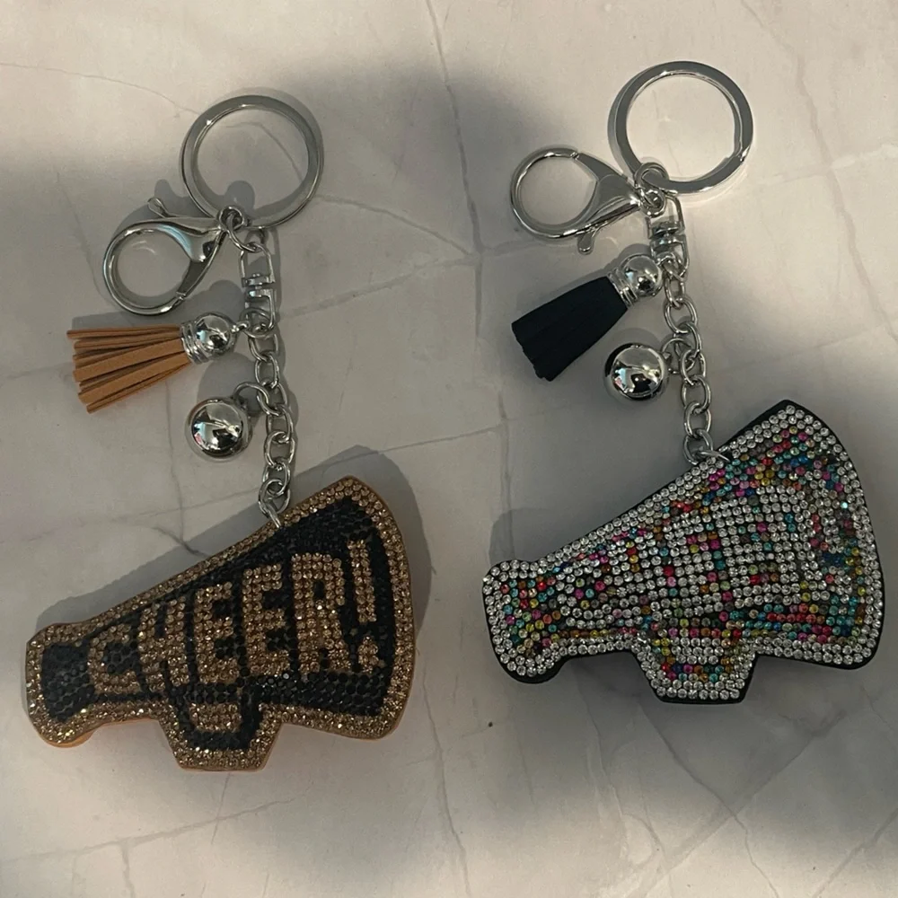 Sparkle Puff Cheer Megaphone Keychain adorned with rhinestones and tassel